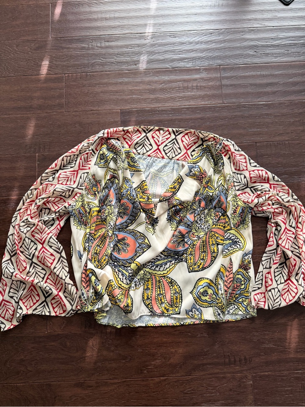 Free People Floral Patchwork V-Neck Blouse in Cream, Yellow, Coral, Blue